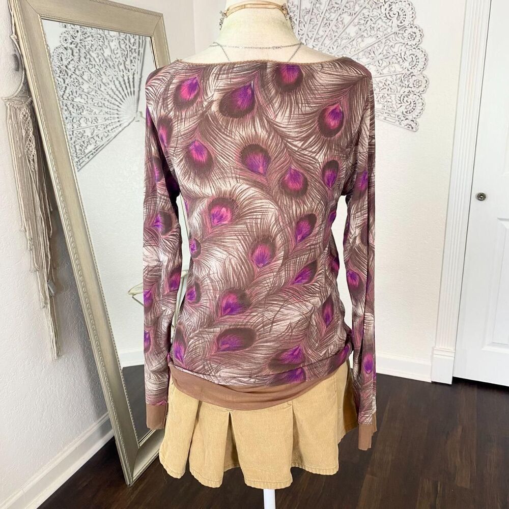 The Limited Early 2000's Purple Pink Brown Mesh Peacock Print Long Sleeve Top L - Picture 4 of 6